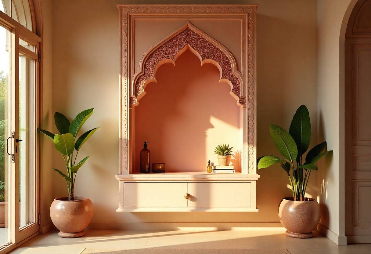 Space-saving contemporary wall-mounted Traditional Pooja Room design with hidden storage and minimalist Mandapam elements