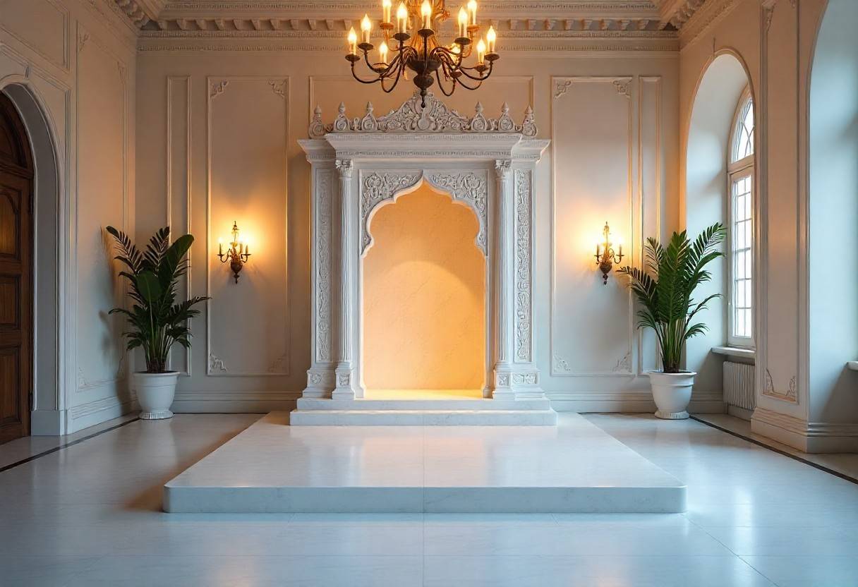 Luxurious white marble pooja room with gold veining and LED backlighting creating divine ambiance