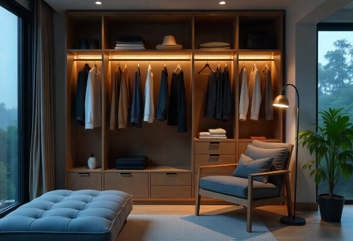 Minimalist open wardrobe design showcasing curated clothing collection as bedroom decoration