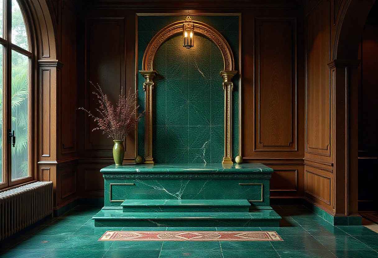 Luxury pooja room featuring marble altar with brass detailing and rich wood finishes