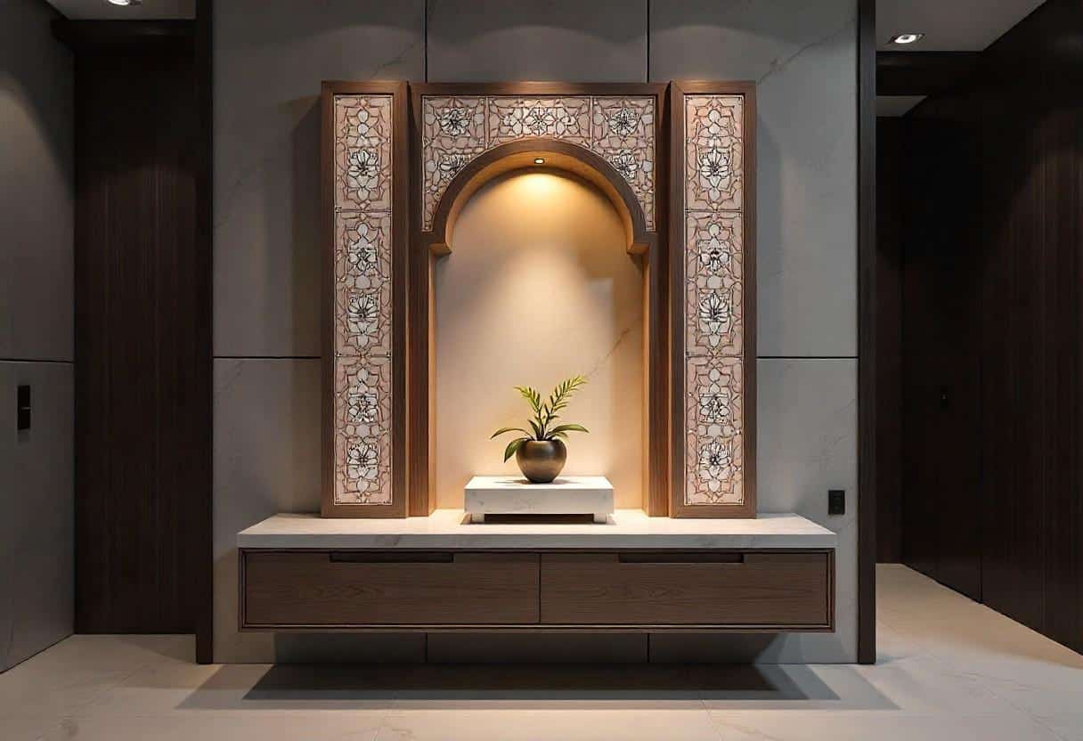 Contemporary wall-mounted pooja unit featuring automatic lighting and premium finishes