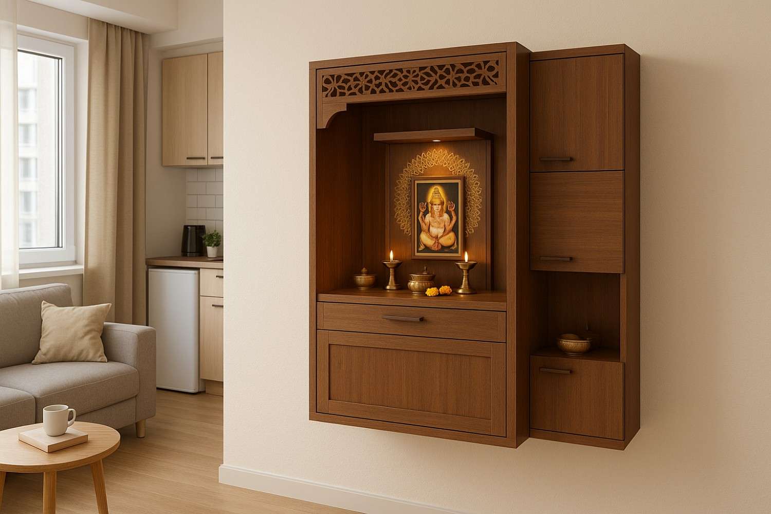 Space-saving wall-mounted pooja design with concealed storage for small homes