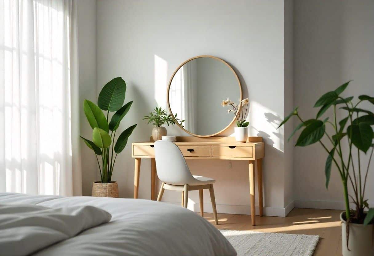 Scandinavian style dressing table with natural wood finish and minimalist design in bright bedroom