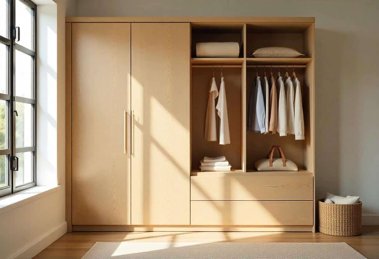 Scandinavian minimalist wardrobe design in light wood creating serene and organized bedroom storage