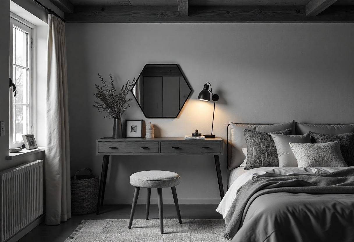 Bold geometric dressing table design featuring asymmetrical hexagon mirror and trapezoidal drawers