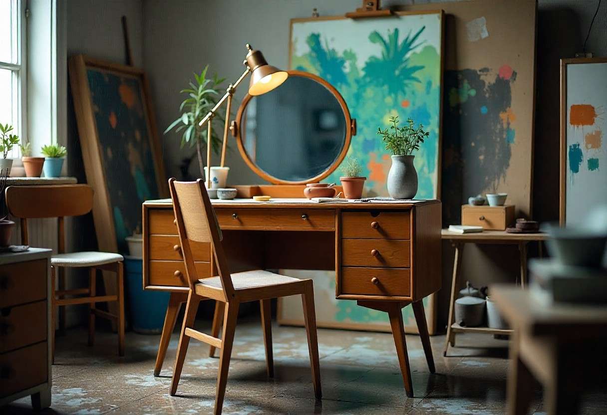 Mid-century modern dressing table featuring iconic tapered walnut legs and vintage-inspired hardware
