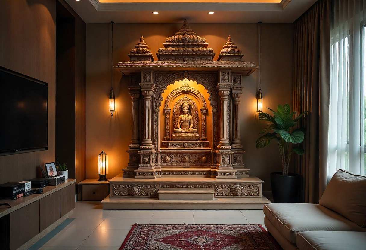 Traditional South Indian temple-inspired luxury mandir with authentic architectural details and vibrant colors