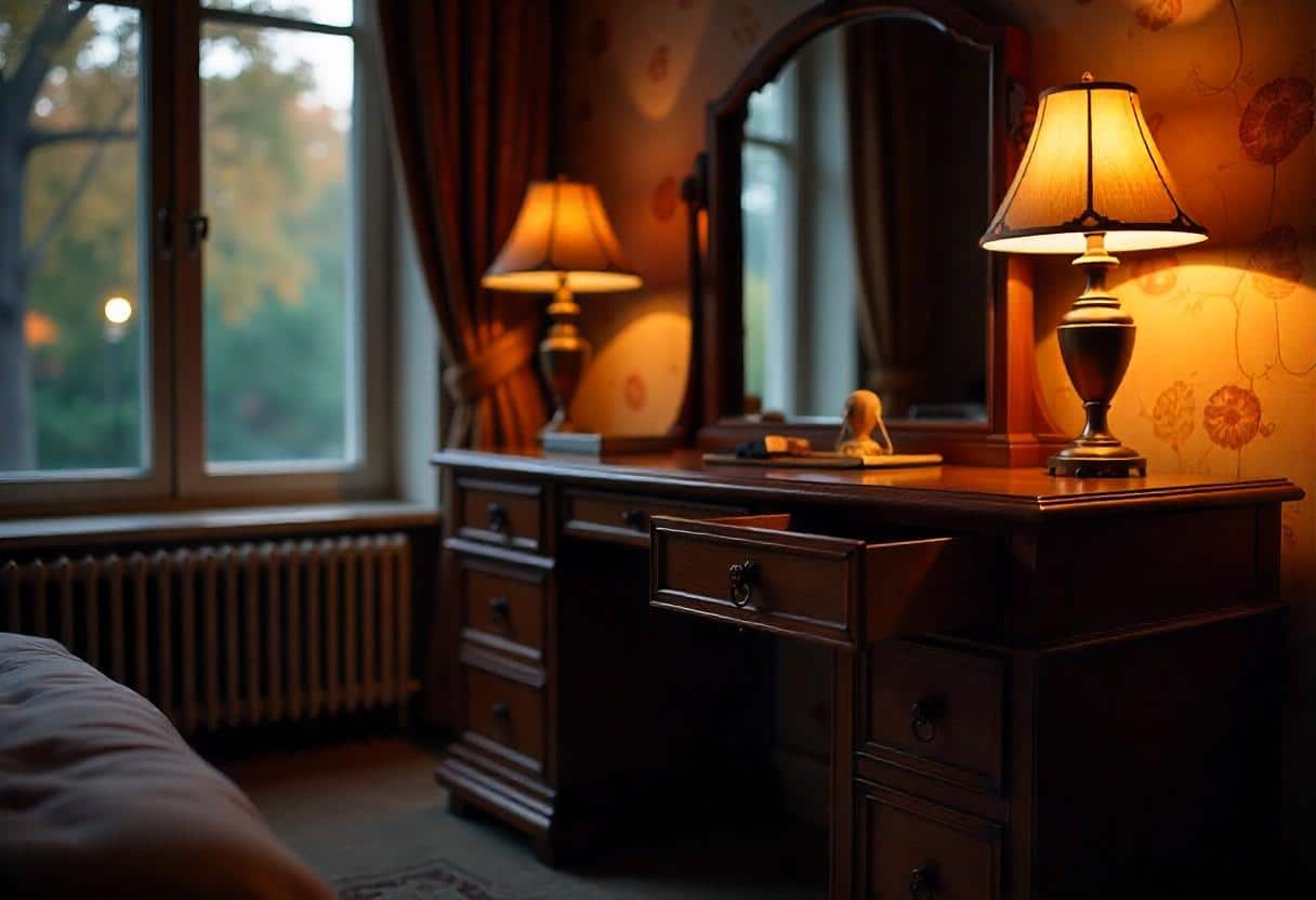 Transitional dressing table design blending Shaker-style drawers with modern hairpin legs