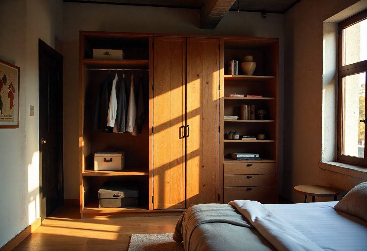 Modern industrial wardrobe design featuring metal and wood elements for contemporary loft-style bedroom