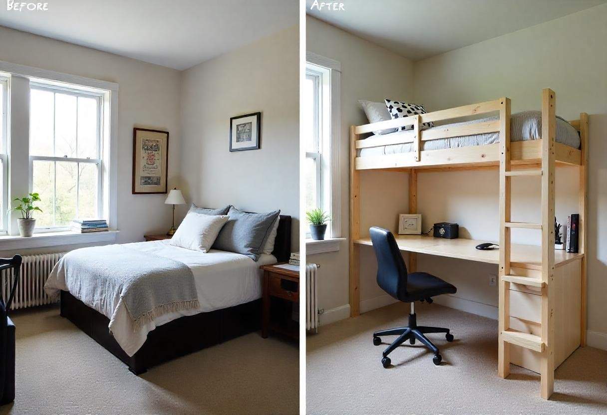 Before and after custom bedroom furniture transformation in Bengaluru apartment showing space optimization