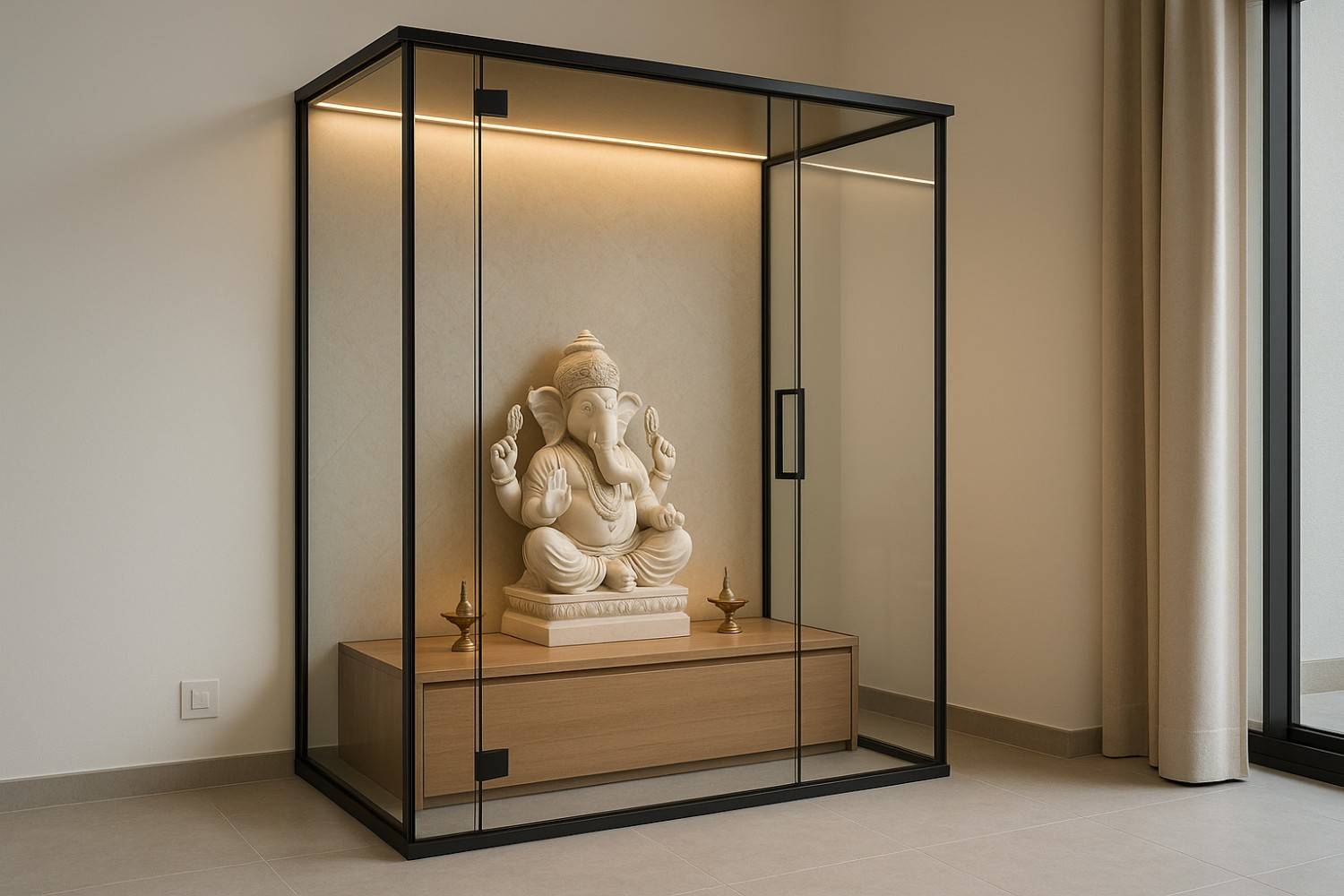 Contemporary glass pooja room design with clean lines and sophisticated LED lighting system
