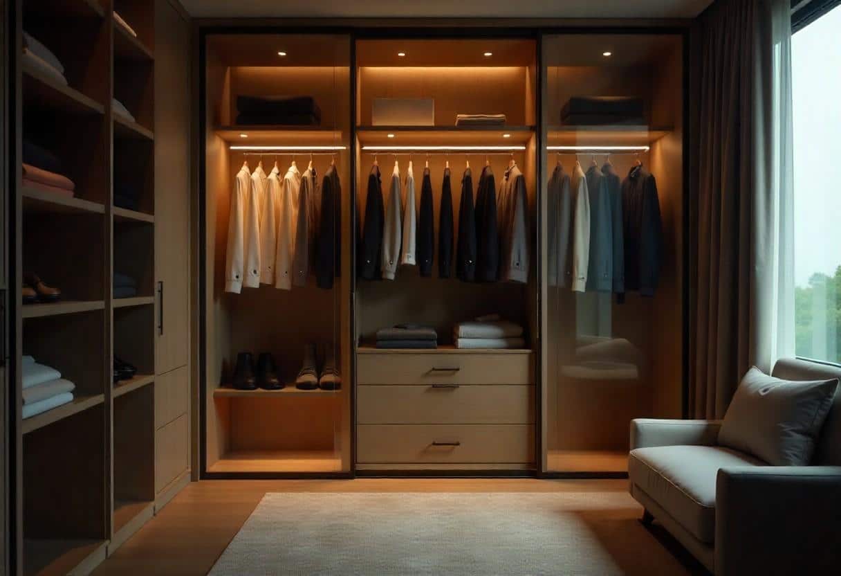 Sophisticated glass-front wardrobe design with ambient LED lighting creating boutique-style clothing display