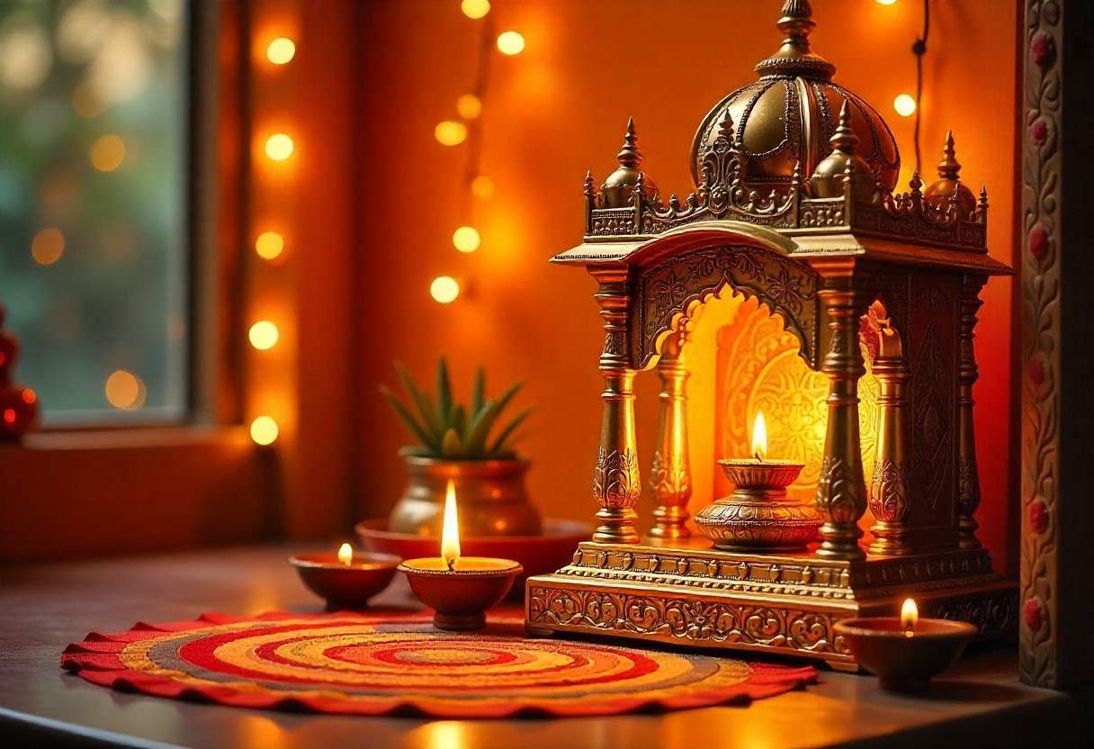 Opulent gold-accented pooja unit featuring intricate brass work and traditional Indian motifs