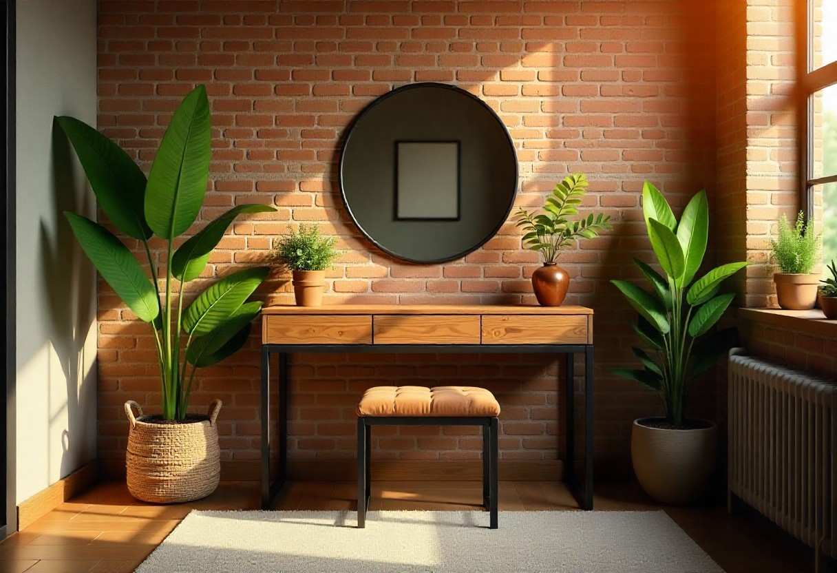 Industrial dressing table design featuring raw steel frame and reclaimed timber top