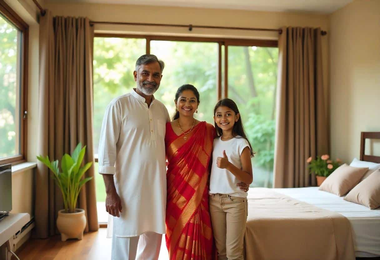 Satisfied Bengaluru homeowners in their beautifully renovated bedroom by interior design experts