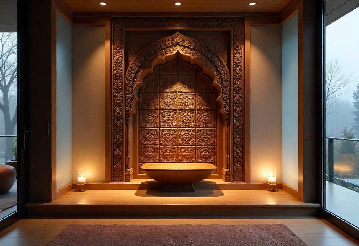 Fusion pooja room design blending traditional woodwork with modern glass elements and ambient lighting