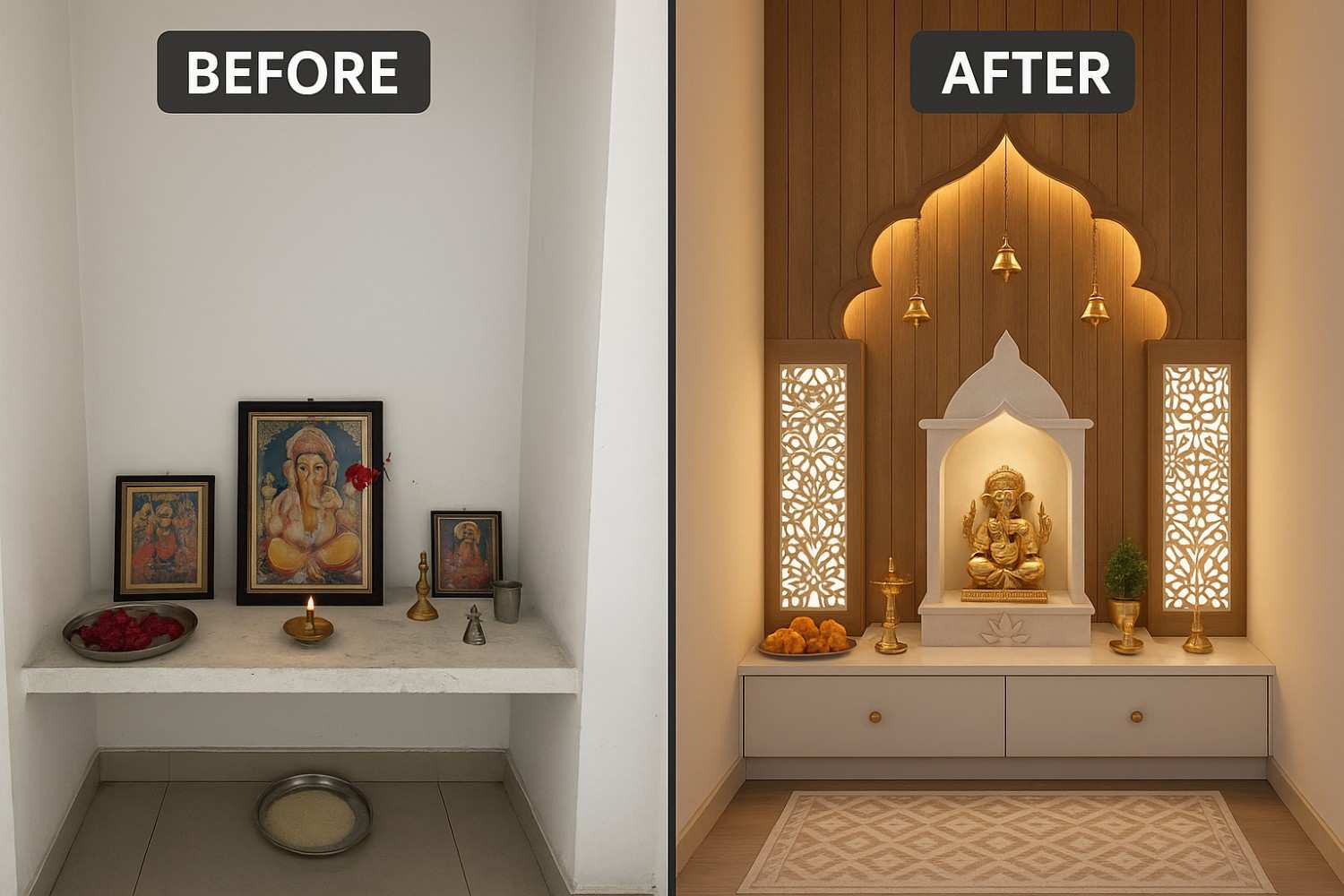 Dramatic before and after pooja room transformation showcasing design impact and improved functionality