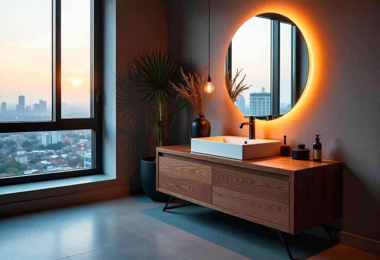 Zen-inspired dressing table design with blackened teak platform and natural stone basin details
