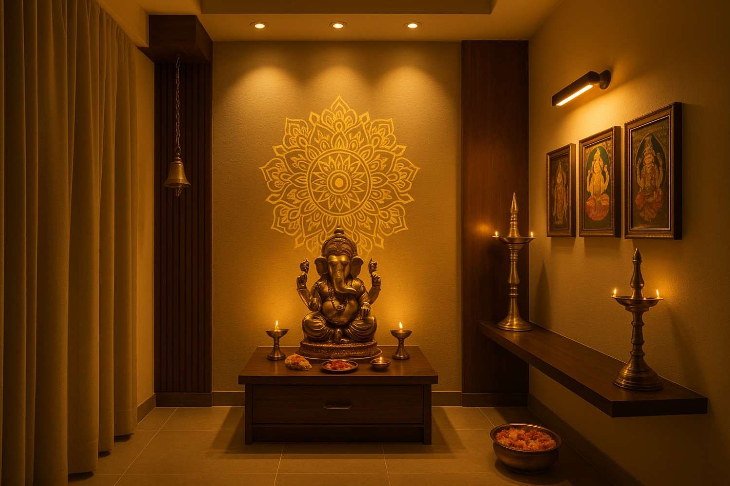 Professional lighting design showcasing ambient, accent, and task lighting in pooja room