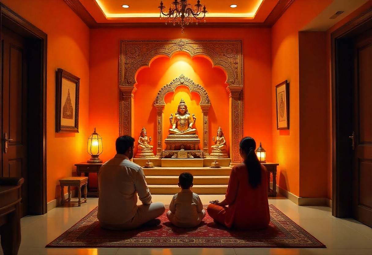 Completed Traditional Pooja Room by Elegante Interiors showing family in prayer, demonstrating successful blend of traditional and contemporary design