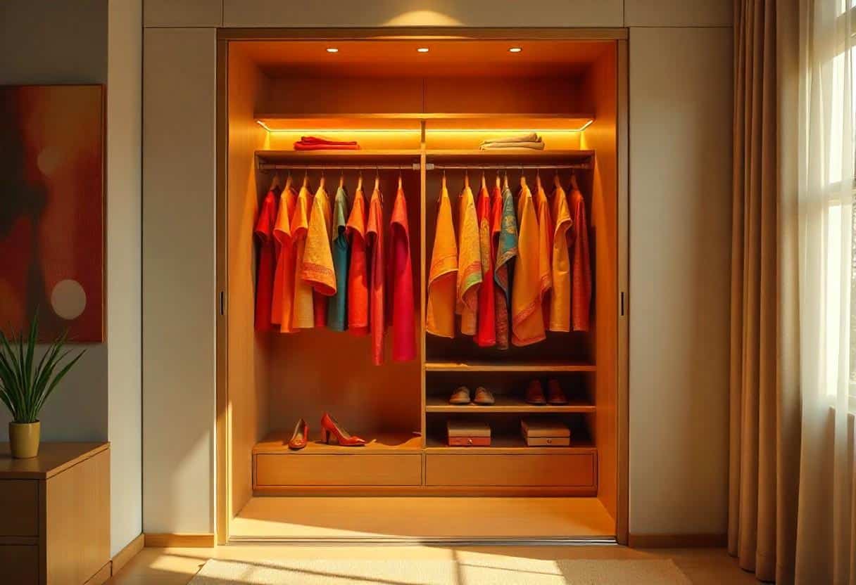 Smart wardrobe design with integrated technology, automated lighting, and digital organization systems