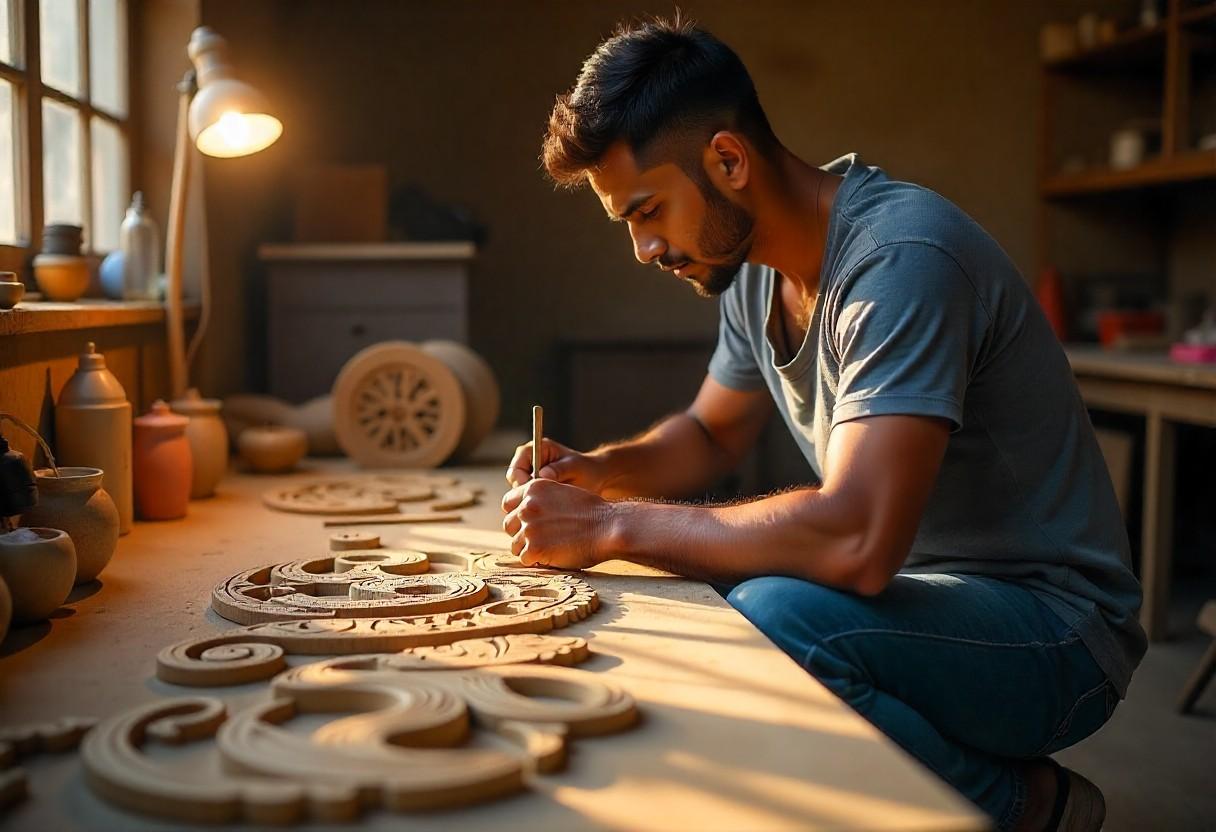 Master craftsman creating traditional wood carvings for contemporary Pooja Mandapam using both traditional and modern techniques