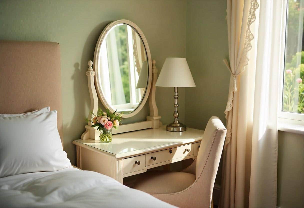 Mirrored dressing table design maximizing small bedroom space with reflective surfaces and LED lighting