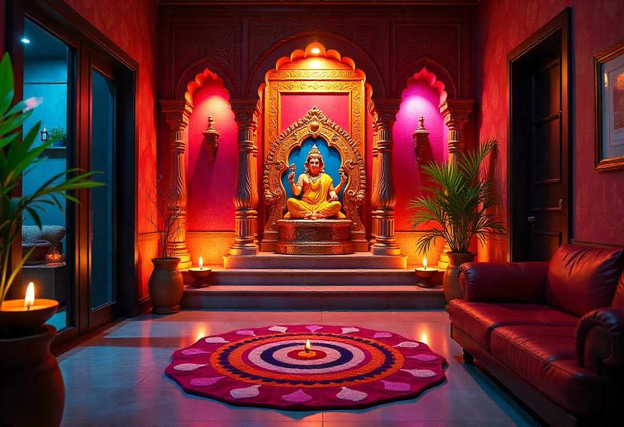 Modern smart pooja room featuring automated lighting system and digital prayer timing displays