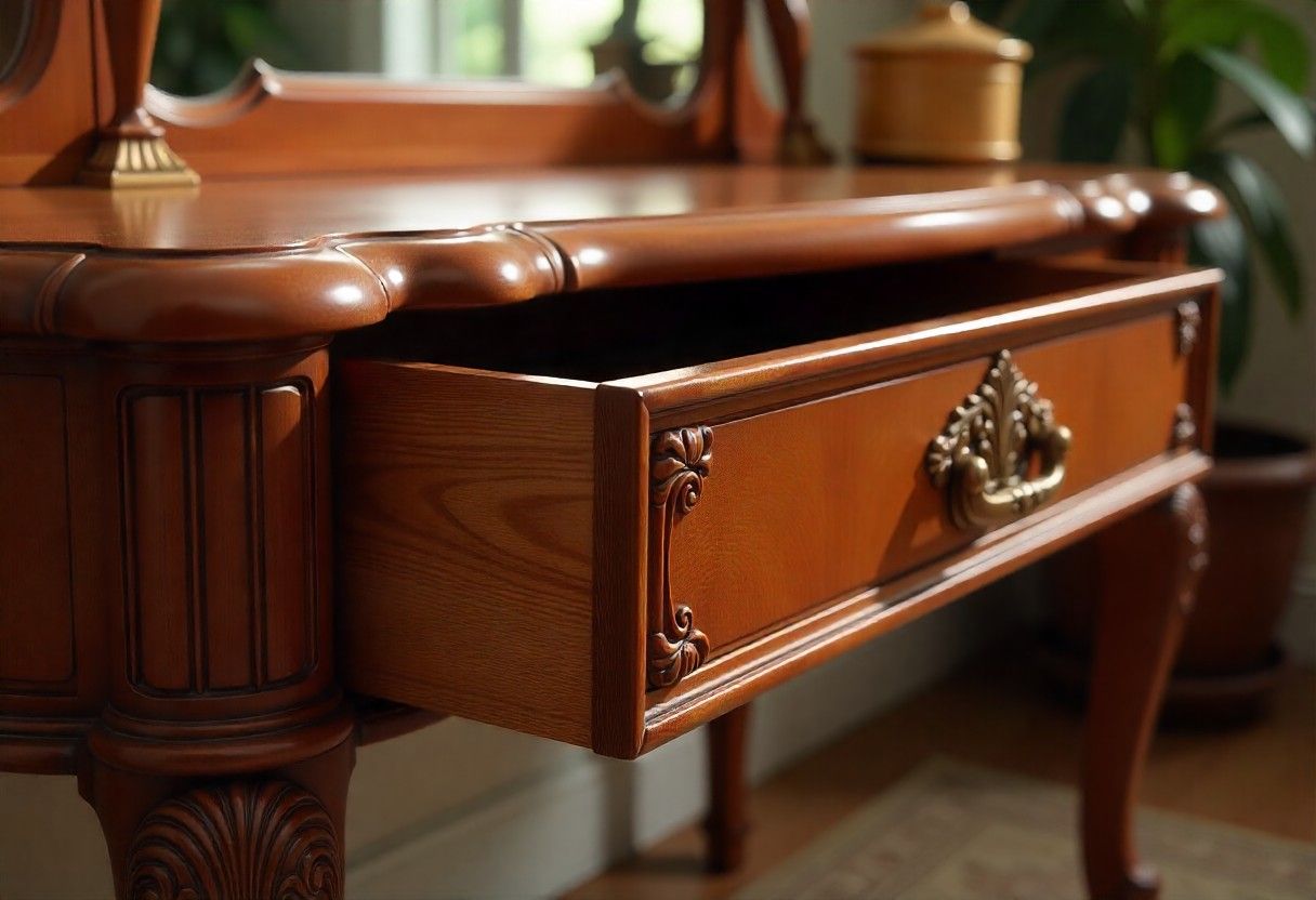Detailed craftsmanship of Elegante Interiors dressing table showing hand-finished quality and premium materials