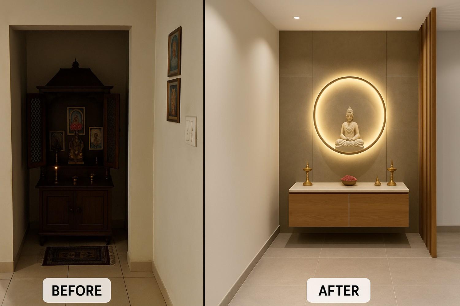 Before and after transformation of cramped pooja corner into elegant contemporary Traditional Pooja Room by Elegante Interiors