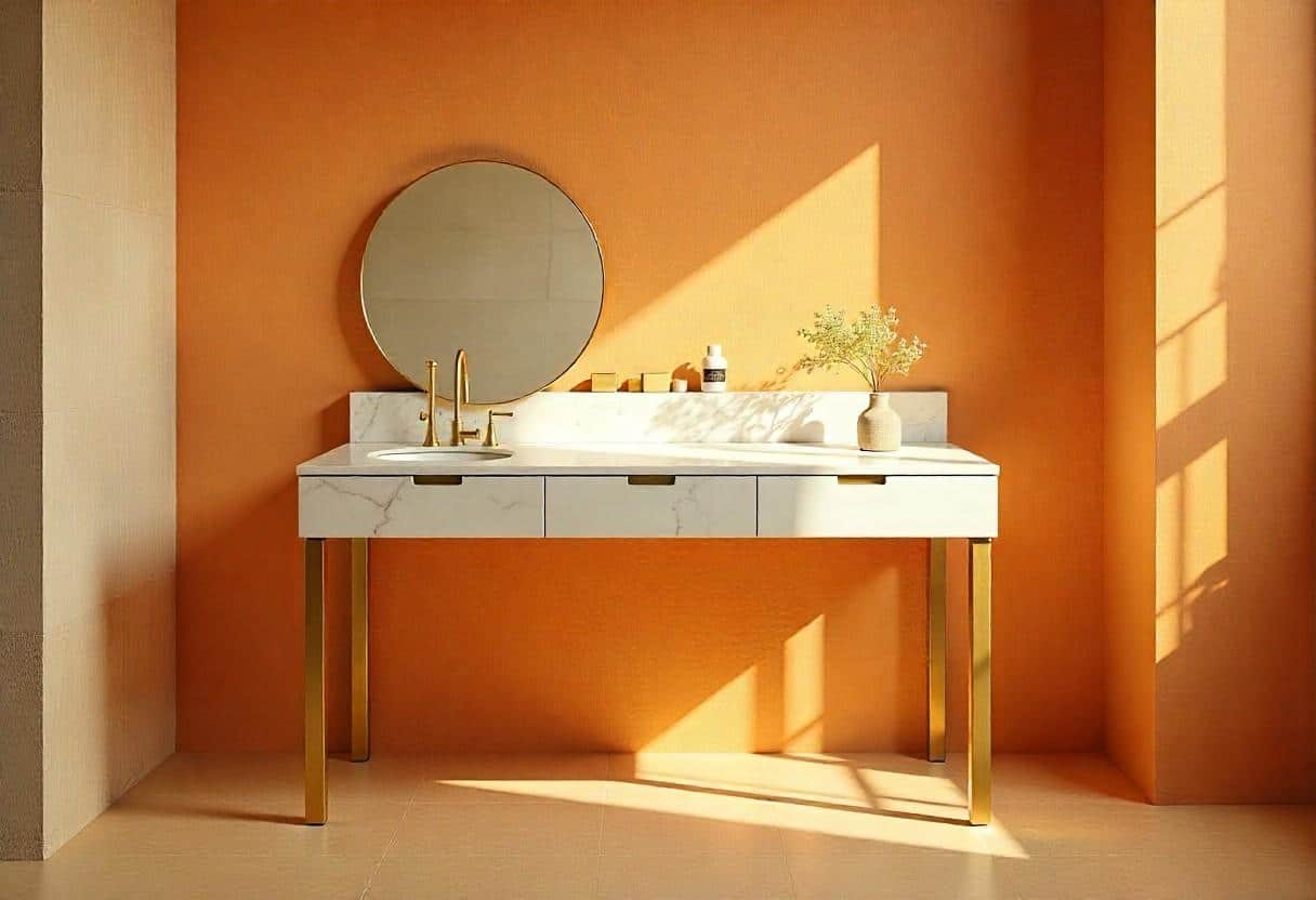Luxury Carrara marble dressing table with brass legs showcasing natural stone veining patterns