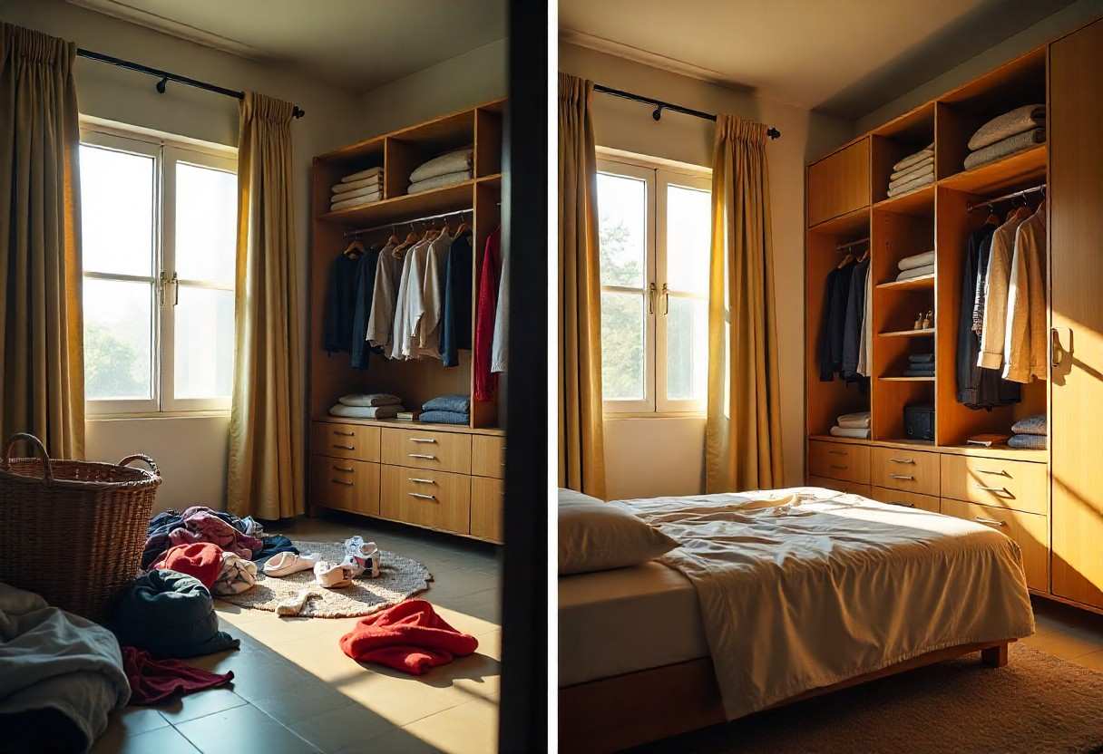 Dramatic bedroom makeover showcasing transformation from cluttered space to organized luxury with custom wardrobe solutions