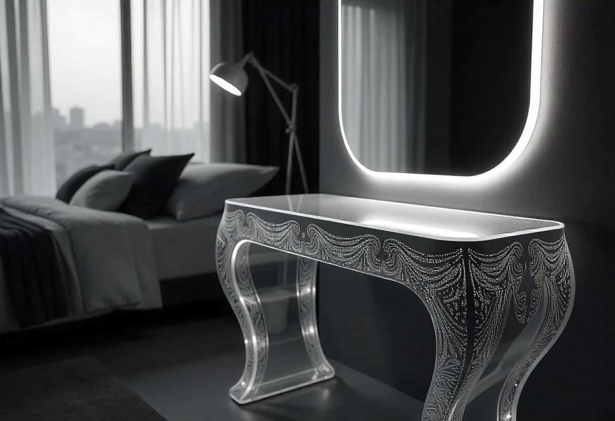 Futuristic glass and metal dressing table design with etched patterns and invisible magnetic storage