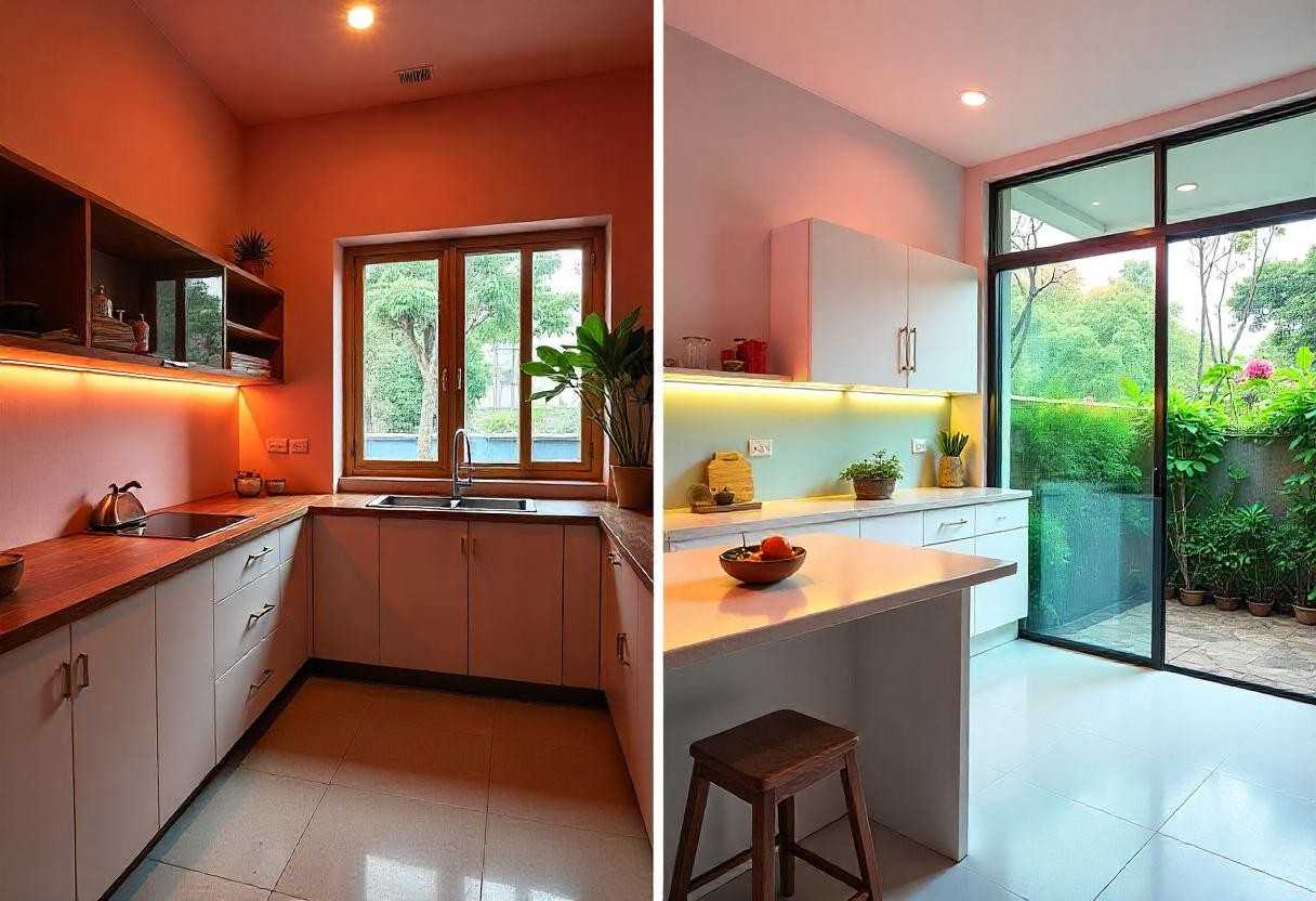 Kitchen renovation transformation in Bengaluru showing before and after modular kitchen upgrade