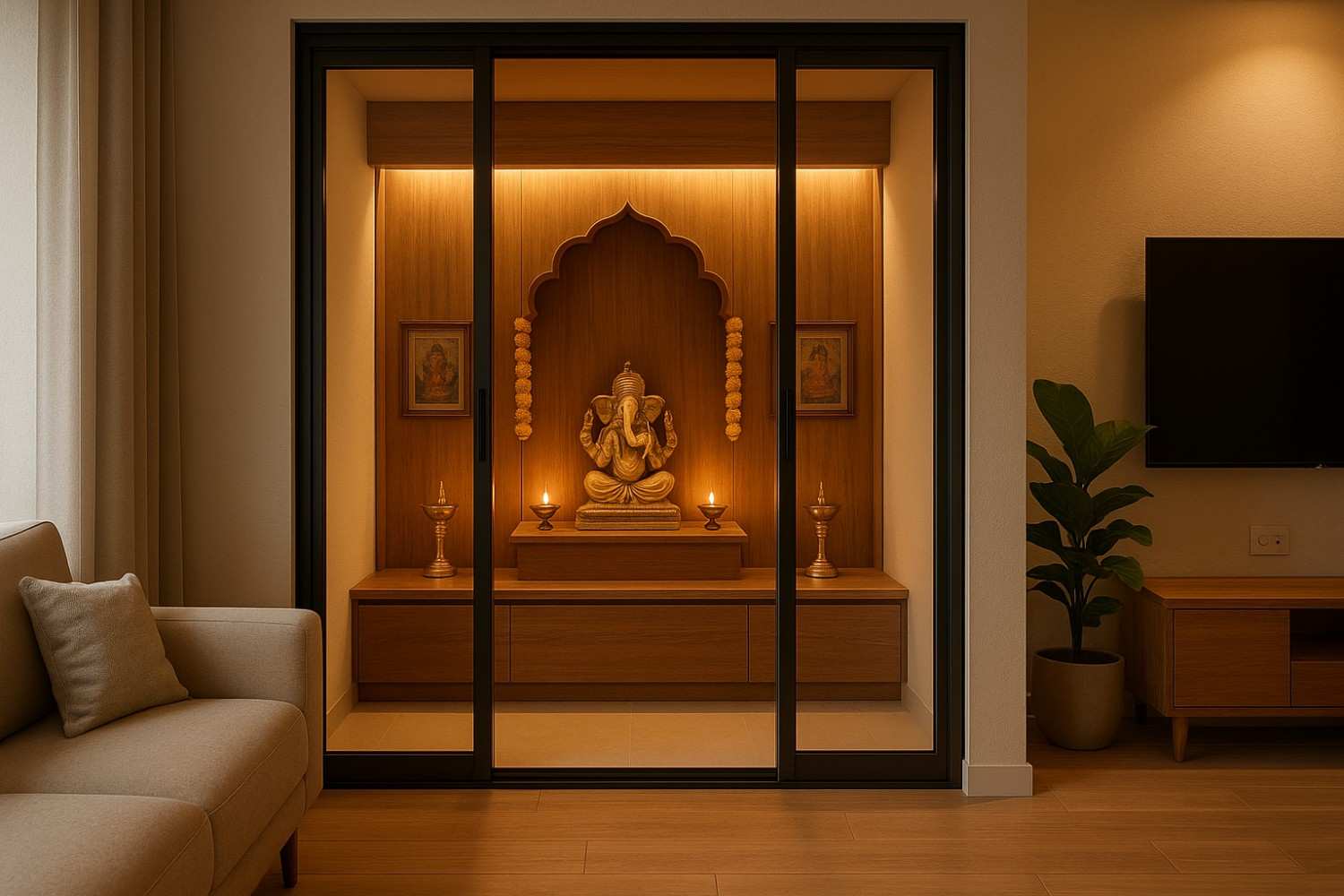 Space-saving pooja room design integrated seamlessly into contemporary home interior