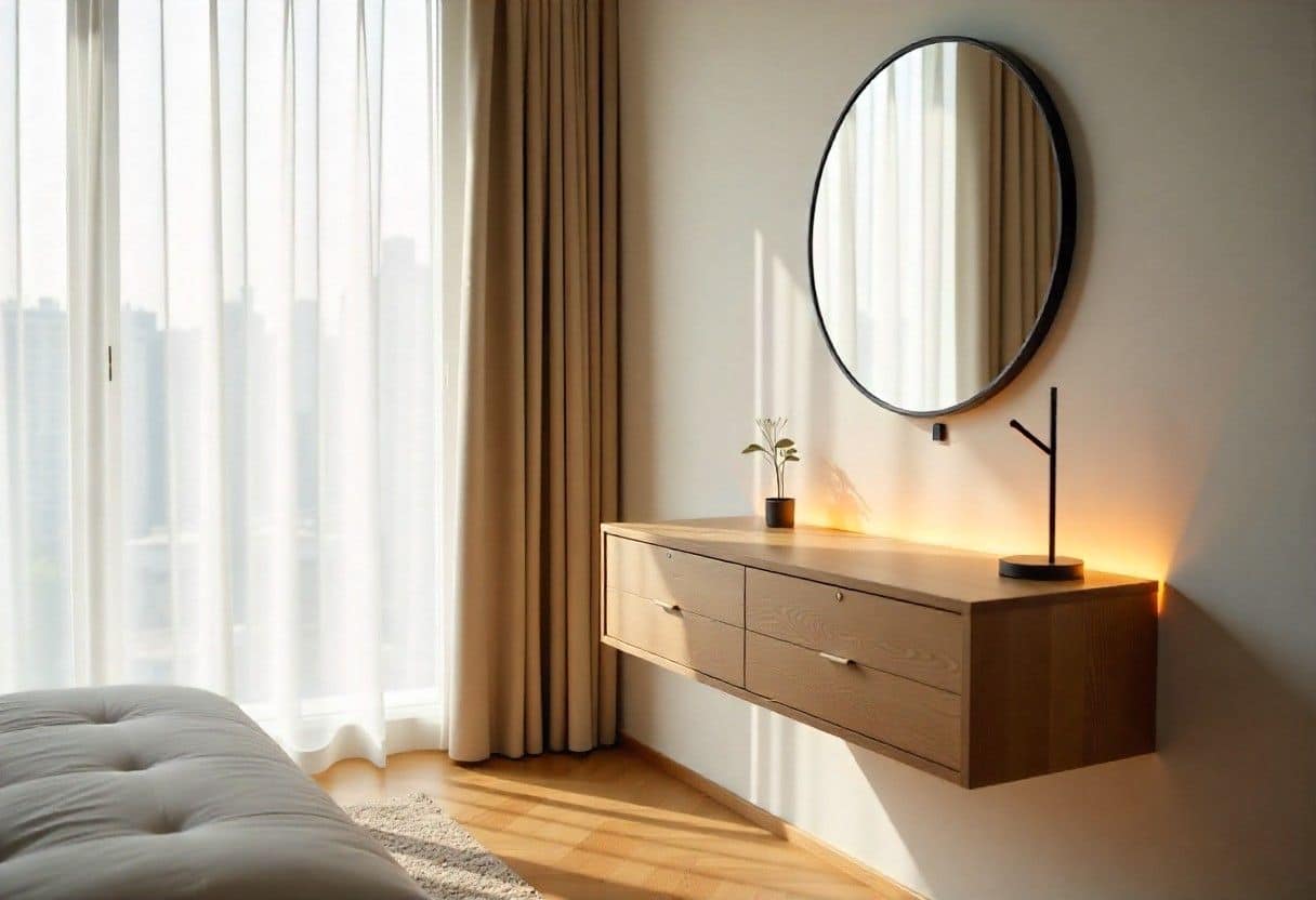 Minimalist floating dressing table design with hidden storage and LED accent lighting