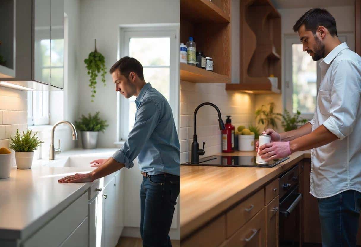 Kitchen maintenance comparison showing easy-clean modular surfaces versus traditional wood care requirements