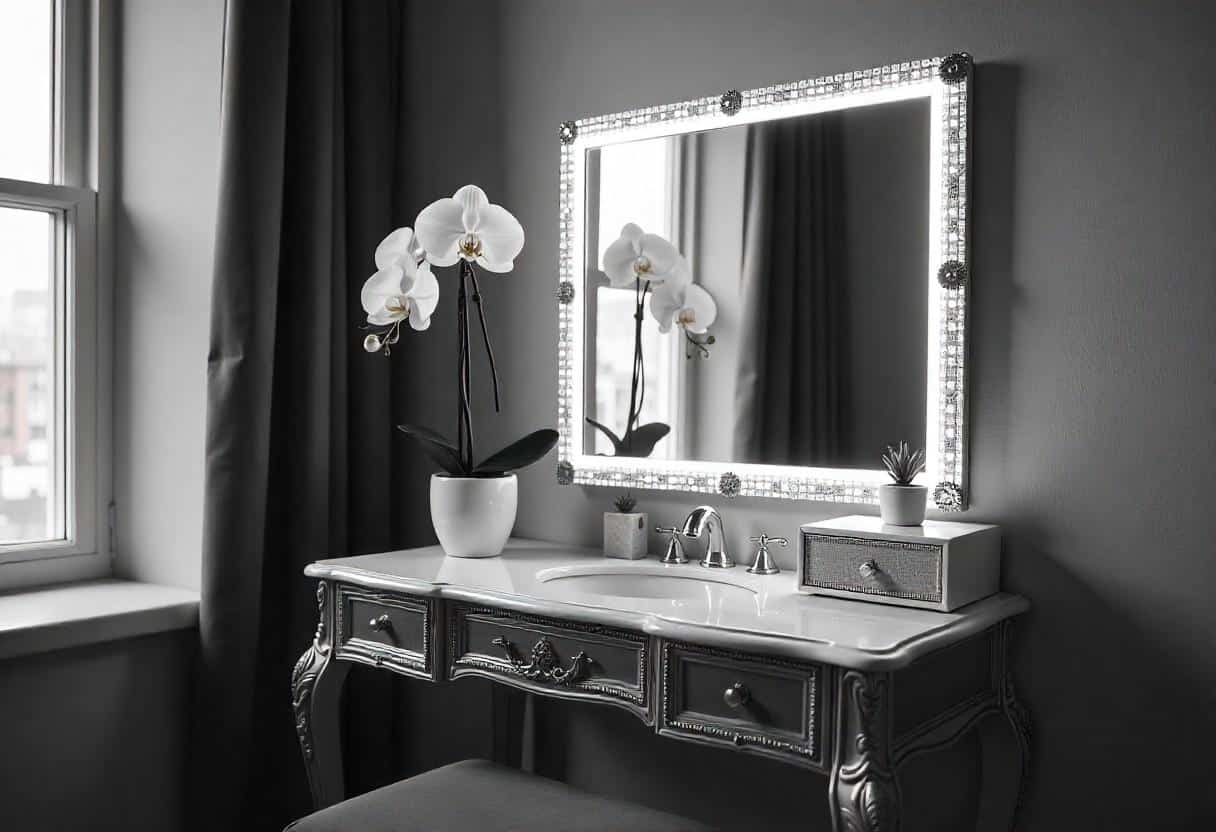 Hollywood glamour dressing table with crystal accents and dramatic backlighting for star treatment