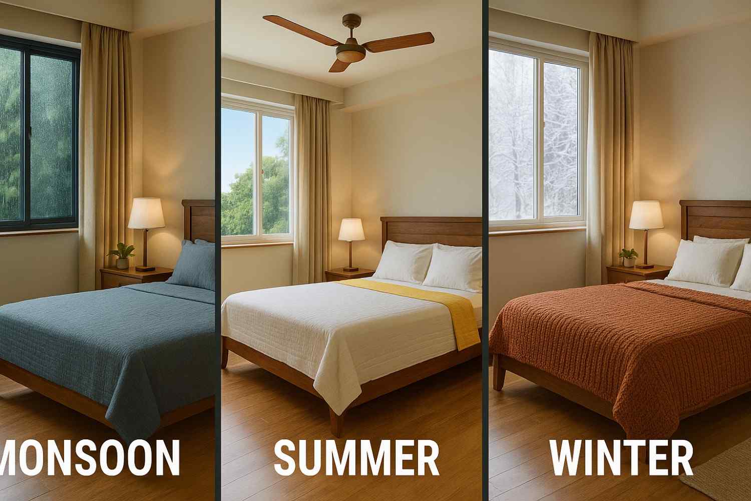 Same Bengaluru bedroom showcasing three seasonal configurations for monsoon dampness protection, summer cooling, and winter warmth