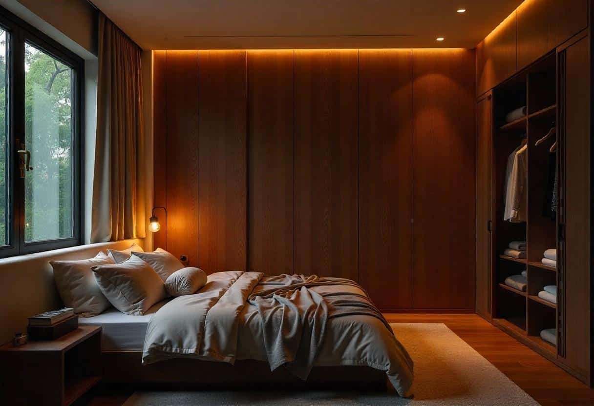 Minimalist frameless wardrobe design creating seamless storage integration in modern bedroom interior
