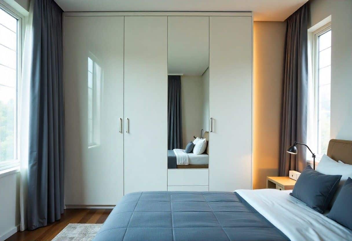 Space-enhancing high-gloss wardrobe design with mirror integration for small bedroom optimization