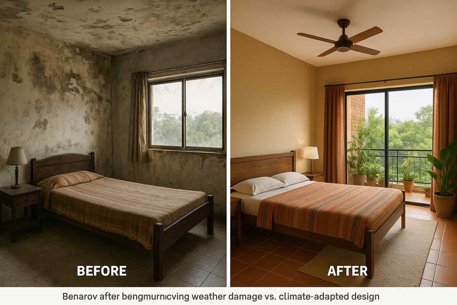Comparison showing failed bedroom design with weather damage versus successful climate-adaptive bedroom design in Bengaluru