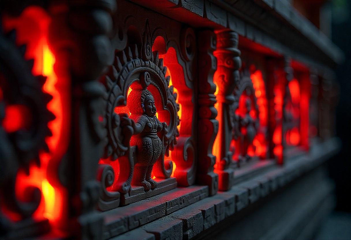 Detail view of contemporary South Indian Pooja Mandapam with traditional elements and modern lighting design