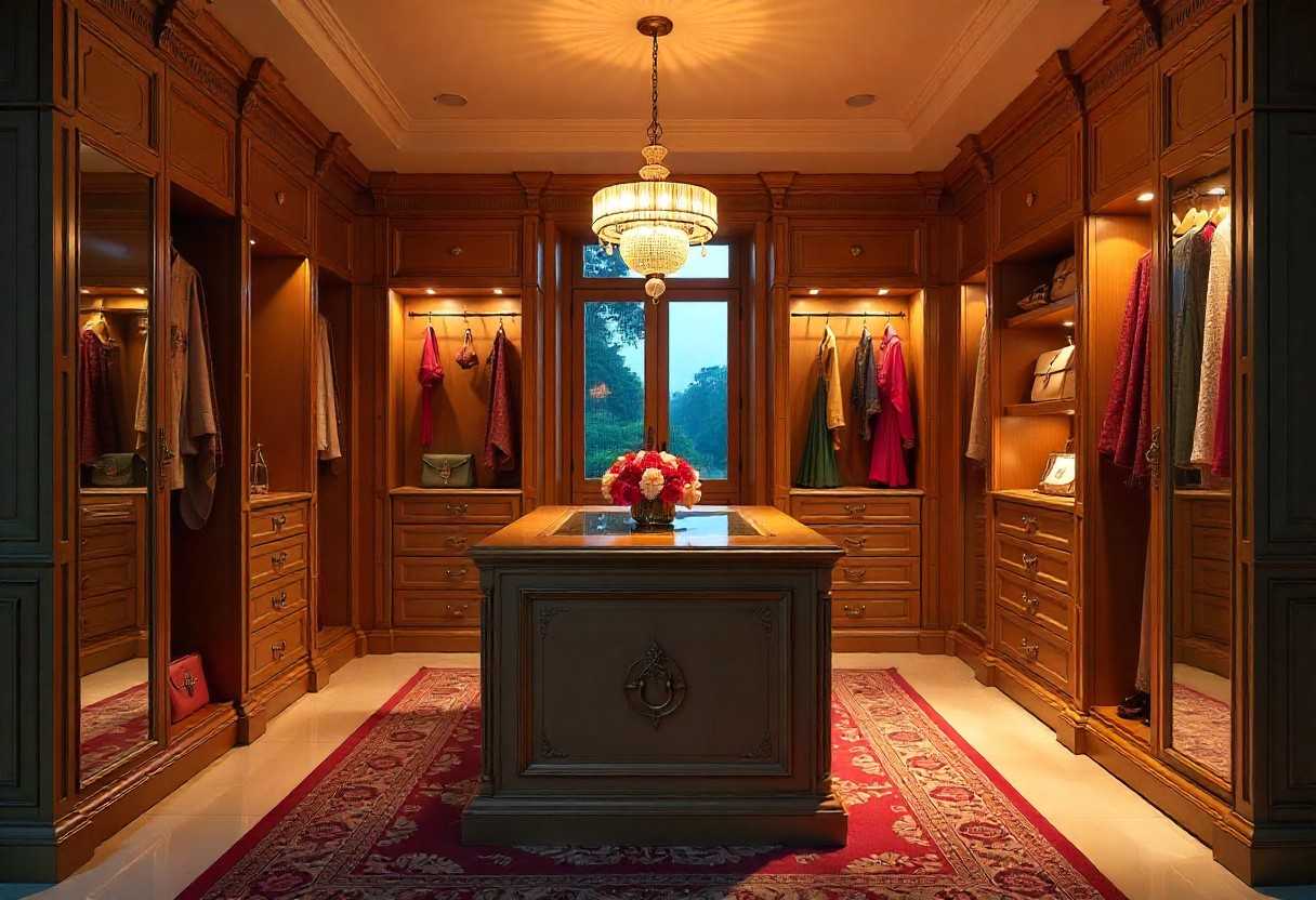 Luxurious walk-in wardrobe design with central island and organized storage creating premium dressing room