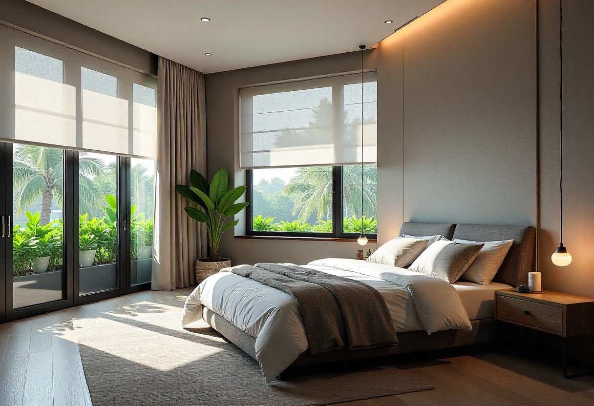 Smart Bengaluru bedroom featuring air-purifying plants, automated lighting, and responsive window treatments for optimal climate adaptation