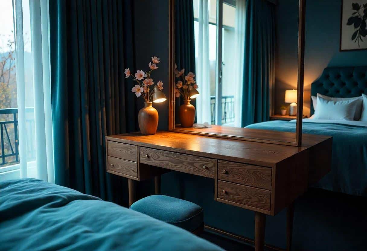 Rustic wooden dressing table featuring live-edge walnut with natural grain patterns and iron accents