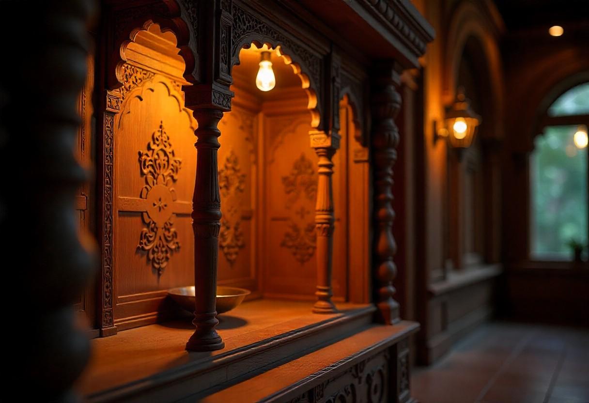 Handcrafted wooden pooja room featuring traditional jaali carvings and rich teak wood finish