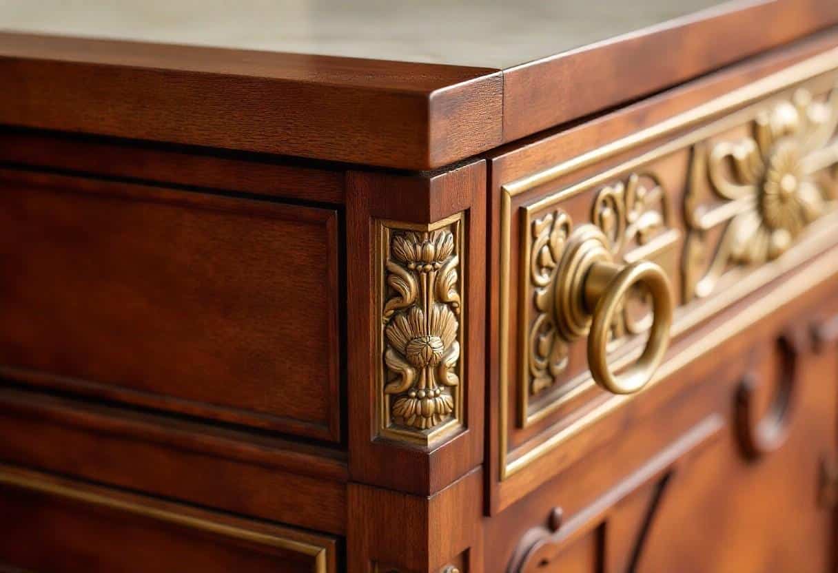 Premium materials showcase featuring hand-carved wood details, brass accents, and marble craftsmanship