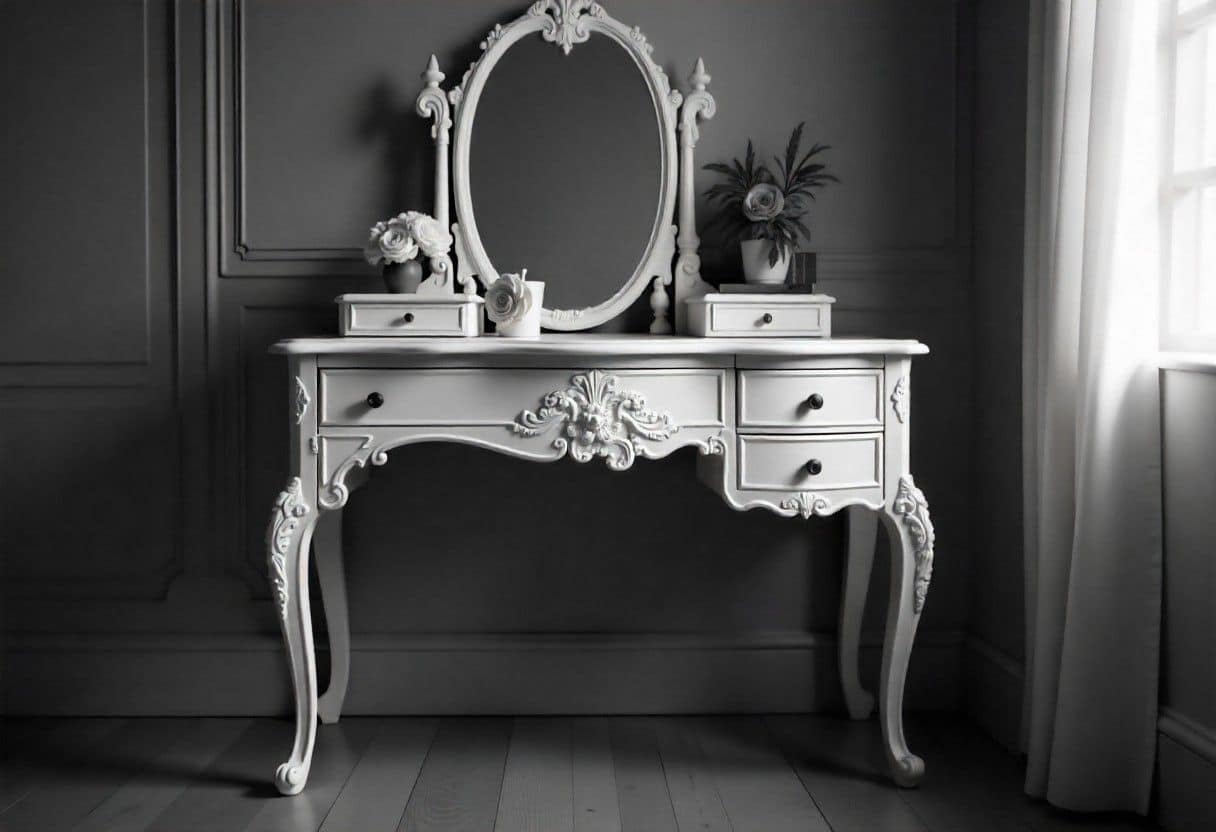 French Provincial dressing table design with romantic cabriole legs and distressed ivory paint finish