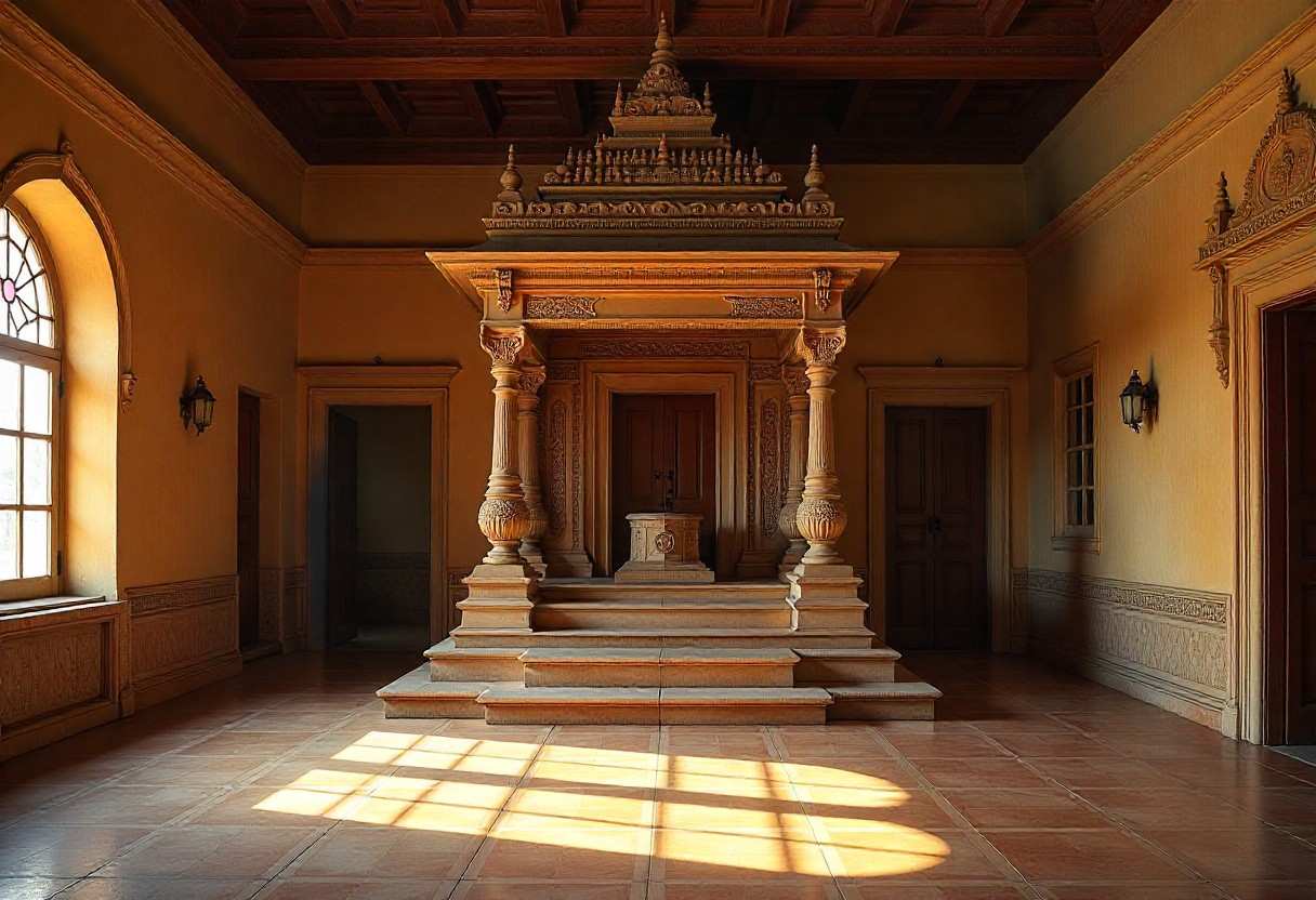 Magnificent multi-level pooja room design featuring multiple tiers for diverse deity collection